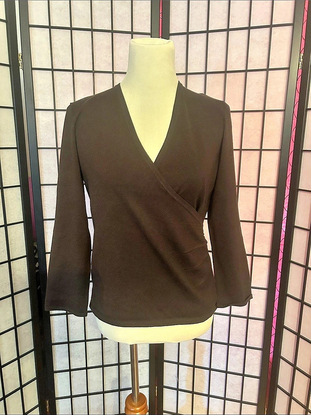 Brown Wrap Front Long Sleeve Blouse Like New